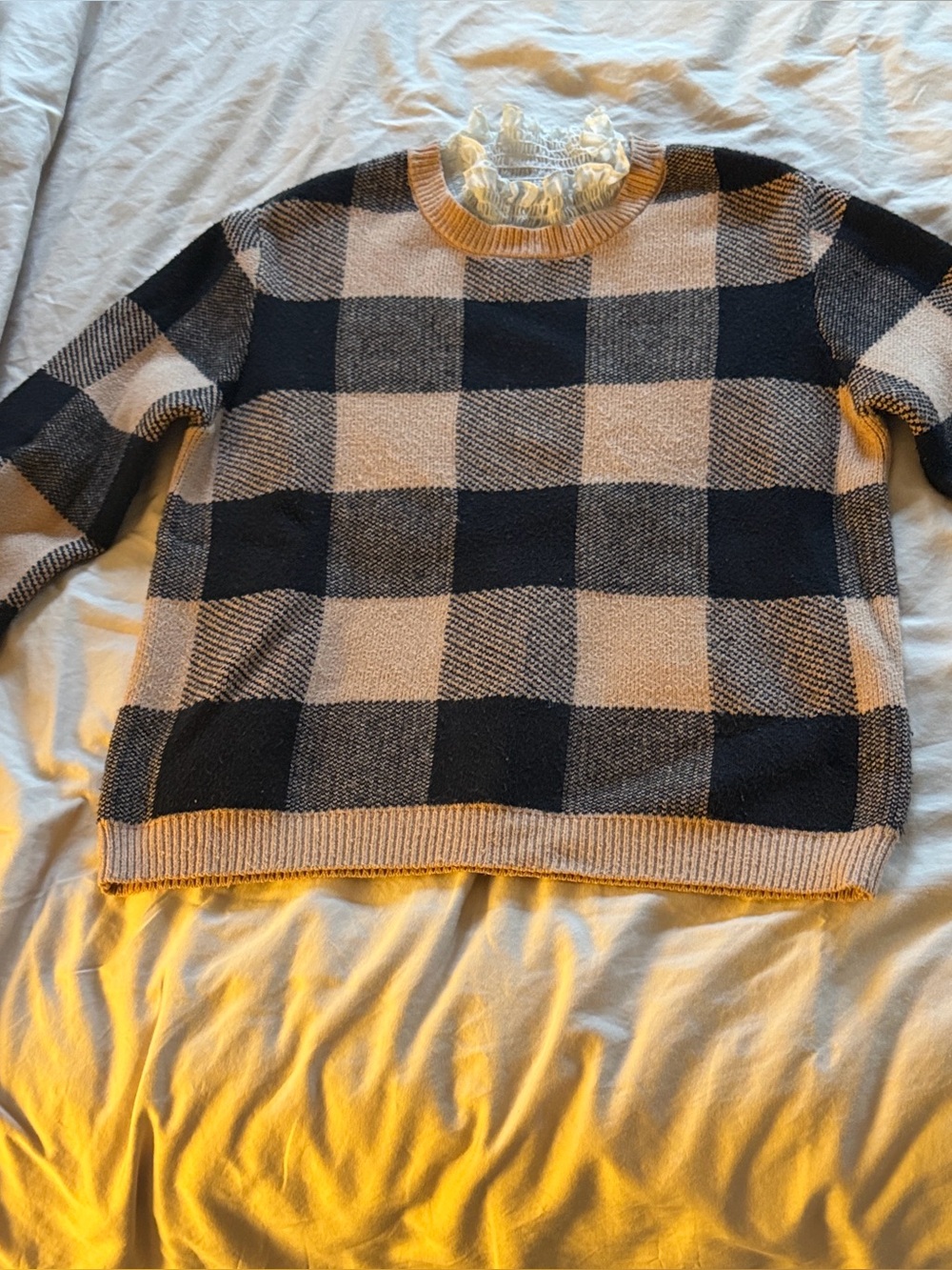 Checked Crewneck Sweater with Ruffle Neck in Black and Cream